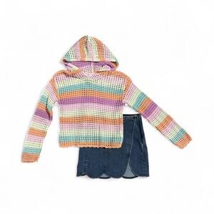 2-pcs Tween Girls 14 Rainbow Crochet BOHO Knit & Mini Skirt Set